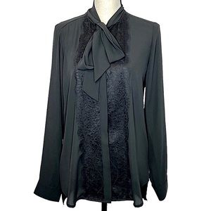 Black Long Sleeved Chiffon Button Down Tie Neck Blouse With Lace Lapel